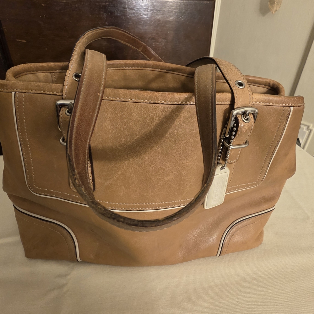 Coach Tan Structured Handbag with Contrast Stitching.